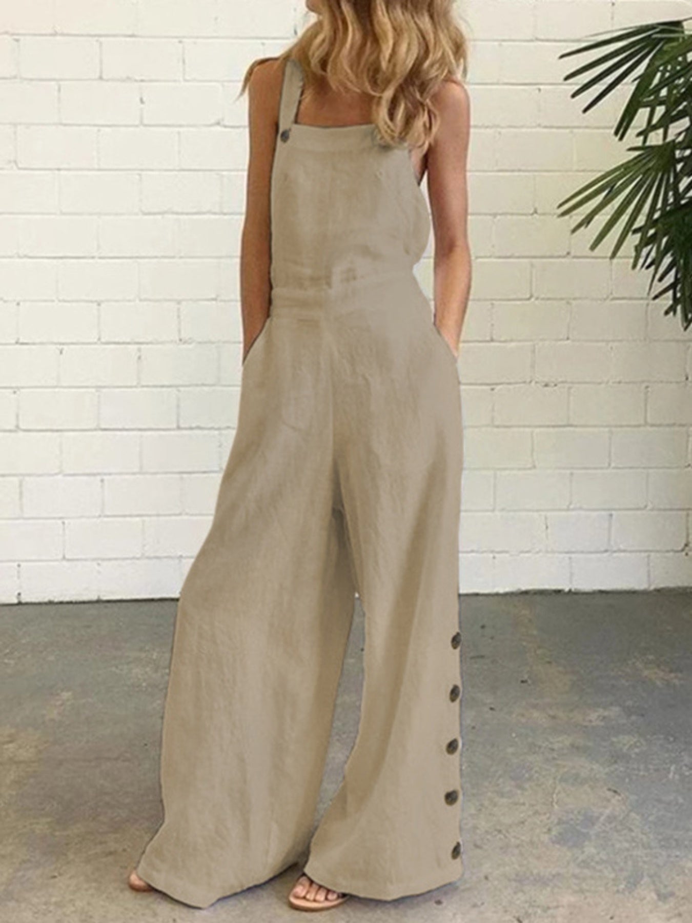 Women'S Elegant Wide Leg Jumpsuit - Solid Color Square Neck Sleeveless Pants with Pockets, Casual Summer Overalls for Adults, Light Gray, Casual Summer Wear | Casual Jumpsuit | Fabric Jumpsui
